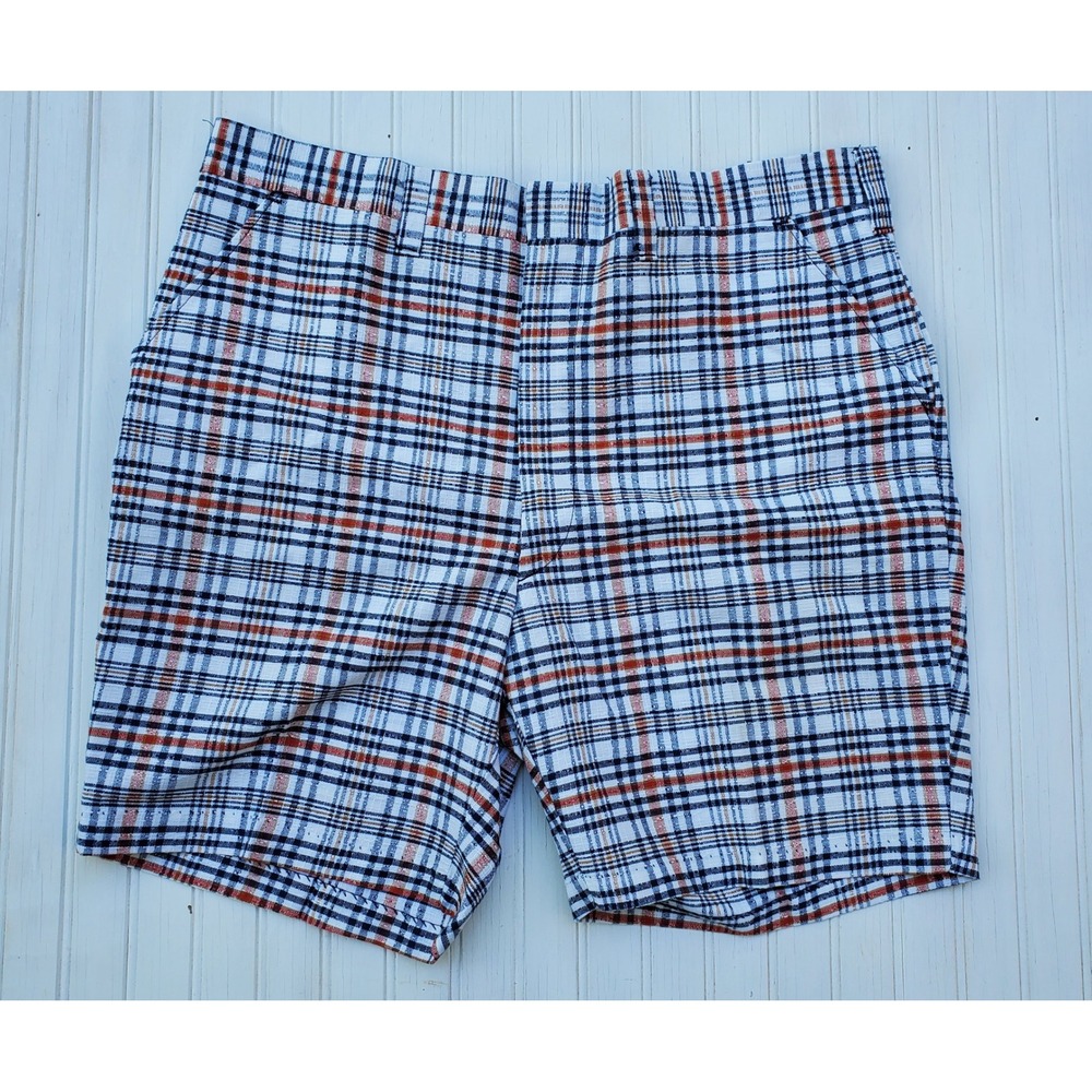Vintage Sears Perma-Prest Mens Plaid Shorts Size 38 Orange Navy Blue White Retro